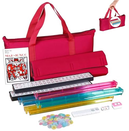 Set de mahjong americano, set clásico americano mahjong set completo, tamaño completo de mahjong con 166 baldosas, 4pcs 2 en 1 estante/empujadores, bolsa blanda roja, papas fritas, concesionario de v