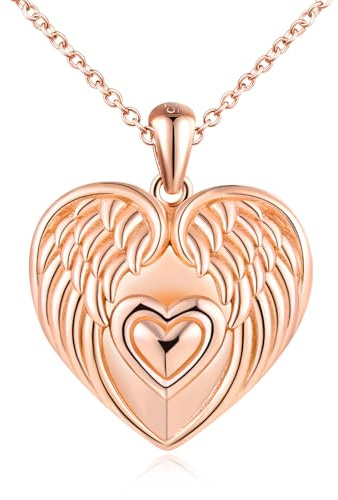 VIKILEE Herz Foto Kette Silber 925 mit Bild: Halskette Damen Engelsflügel Medaillon zum Öffnen für Bilder-Mode Anhänger Ketten Amulett Schmuck-Personalisierte Geschenk für Frauen Mama Freundin Mädchen
