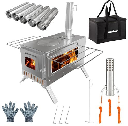 UNHO Camping Tent Stove: Portable Wood Burning Stove Stainless Steel Outdoor Cooking Heater Log Burner with 7 Chimney Pipes for Tent Shelter Garden Silver