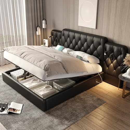 Dolamaní Doppelbett 180x200 cm, PU Polsterbett mit Lattenrost und Polster kopfteil mit USB Auf Beiden Seiten und LED Leselampen, Hydrauliksystem Stauraum (Schwarz)