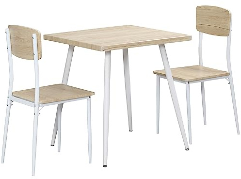 HOMCOM Ensemble Table et Chaises 3 Pièces Table à Manger Blanc et Naturel