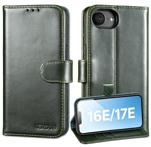 LENSUN Flip-fodral för iPhone 16e/iPhone 17e, äkta läderfodral, plånboksfodral med magnetiskt lås, kompatibelt med Apple iPhone 16e/iPhone 17e, grönt