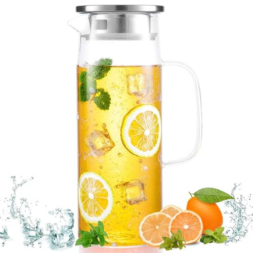Carafe en verre avec couvercle, 1,5 l, carafe à eau en verre borosilicate, résistante à la chaleur, avec couvercle en acier inoxydable, verseuse en verre pour boissons DIY, jus, thé, lait