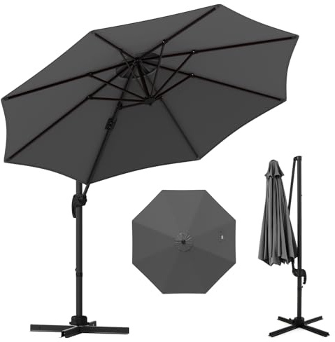 GOPLUS Parasol de Jardin Extérieur, Parasol Déporté 3x3M avec Poteau en Aluminium, UPF50+, Rotation 360°, 5 Angle Réglable, Manivelle, 8 Baleines, pour Balcon Patio Piscine Terrasse