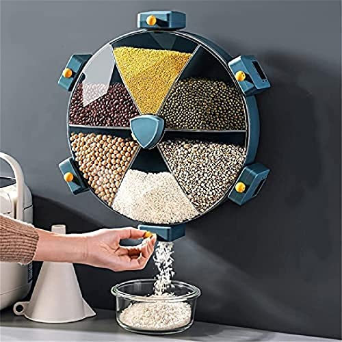 Rotatable Wall-Mounted Grain Dispenser with 6 Compartments for Efficient Rice and Cereal Storage in Kitchen