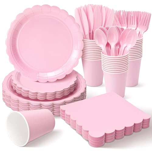 Vyntra 350 Pcs Pink Paper Plates and Napkins Set for 50, 9 Dinner Plates & 7 Dessert Plates, Tableware for Birthday Party, Mother's Day
