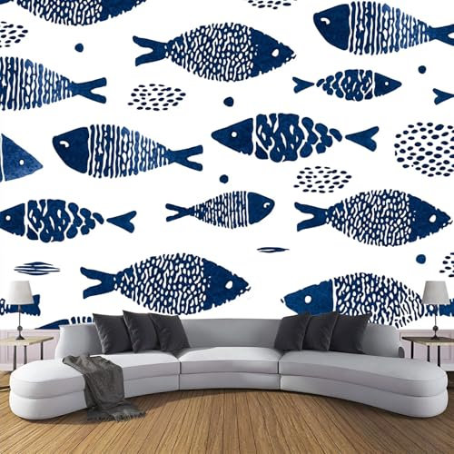 CDXNORA SimplePhoto Wallpaper 200×140cm - Navy Blue Wall Mural Deco Premium Silk Seamless Fish Pattern Print Wallpaper for Living Room - Home Decoration Bedroom Kitchen Wall Paper