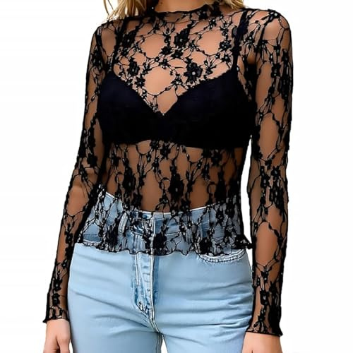Hauts Transparent Femme Sexy en Dentelle à Manches Longues Top Mesh Haut en Maille Chemisier Voir à Travers T-Shirts, S-XL (FR/ES, Alpha/Lettres, L, Taille Normale, Taille Normale, Noir)