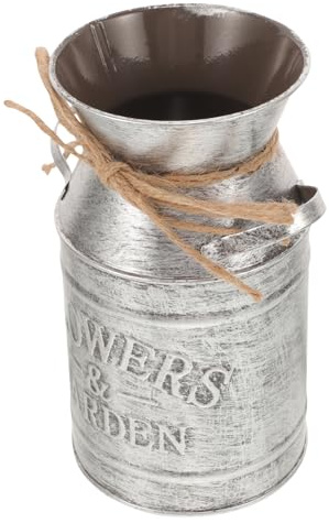 VALICLUD Vintage Metal Flower Bucket Milk Can Style Iron Flower Vase Handles Silver Rustic Plant Pot for Home and Garden Decor