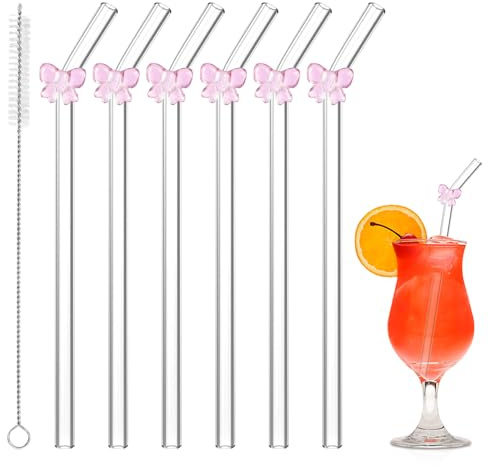 Glas Strohhalme, 6 Stück, 20cm, Wiederverwendbar, mit Motiv | Mit Reinigungsbürsten, Für Säfte, Cocktails, Smoothie, Für Milch, Kaffee, Tea, Slush
