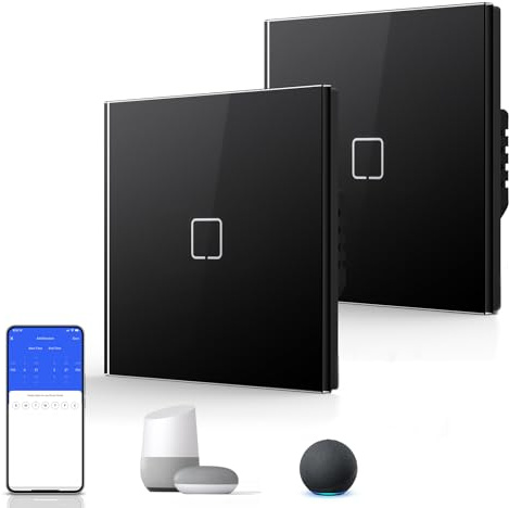 BSEED Smart Light Switch,WiFi Touch Glass Switch for 2.4G Network,Alexa Switches with LED Indicator,Control by SmartLife APP,Neutral Wire Required,1 Gang(ET Series)-2 Pack,86mm Black