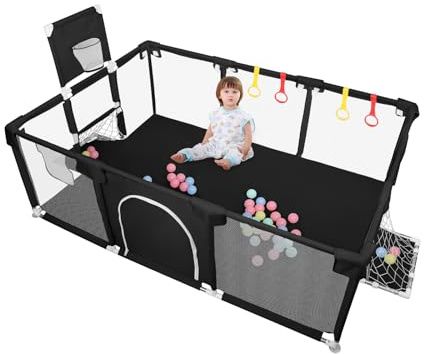 Laufstall für Babys, abnehmbar, waschbar, Oxford-Stoff, stabil und atmungsaktiv, 180 x 120 x 66 cm, 50 Bälle + 4 Ringe + 4 Saugnäpfe, Schwarz