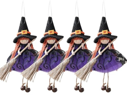 4 Stück Hängende Deko Halloween Hexen mit Ginster, Halloween Deko Fenster Hexenpuppe Für Innen Outdoor, Dekofigur Hängedeko, Herbst Dekoration Anhänger, Fensterdeko Hexen Für Garten (Lila)