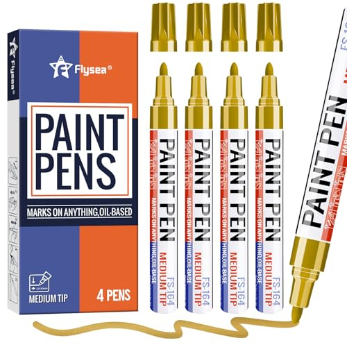 Alitastro Gold Paint Pens Permanent Marker Pen 4 Pcs Waterproof Oil Based Paint Markers 3mm Medium Round Tip Quick-drying Paint Marker Pens for Rock Painting, Black Paper, Metal, Tyre, Glass, Wood