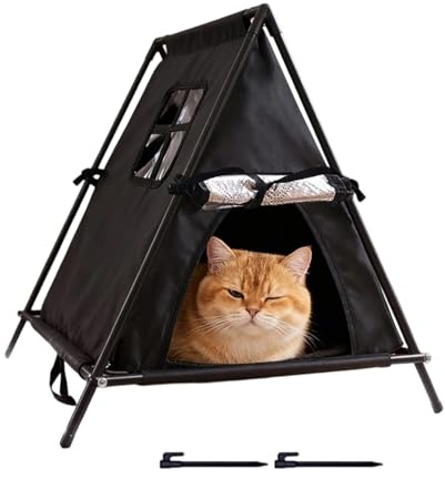 Katzenhaus im Freien – erhöhter Tierheim, warme Katzenhütte, isoliertes gemütliches, robuster Oxford-Stoff-Eisenrahmen | für Winter Balkon Garten Terrasse Apartment Komfort