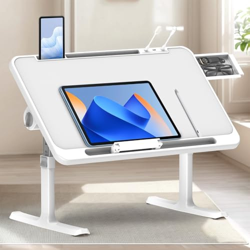 WoRaum Klappbarer Laptoptisch mit Schublade, LED & Ventilator – Höhenverstellbarer Schreibtisch für Bett, Sofa, Boden und Outdoor (Hellgrau)