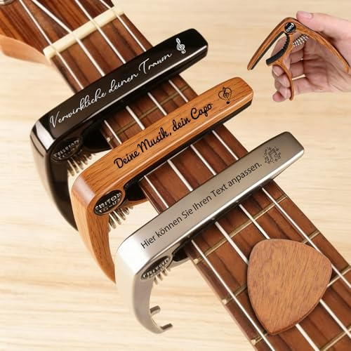 Personalisiertes Kapodaste für Gitarre und E-Gitarre mit Gravur, Individueller Kapodaster aus Metall Holz, Gitarrenzubehör Geschenk für Gitarristen, Musiker Bands (kapodaster 1)