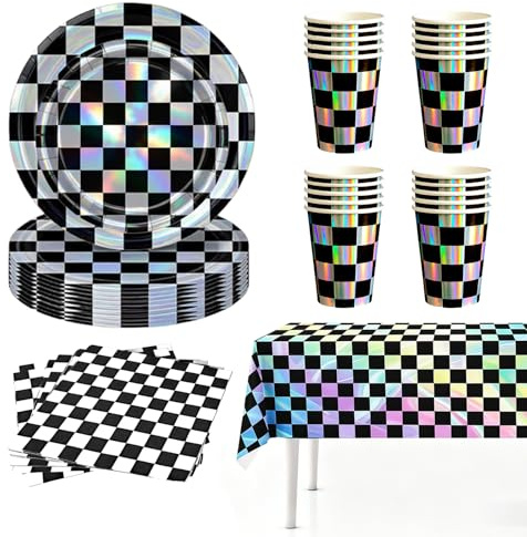 81P Colorful Laser Foil Paper Party Tableware Set,Black White Checkered Sparkling Party Paper Plates Napkins Cups for Birthday,Sparkling Tablecloth for Christmas Dinnerware Wedding,Baby Shower Party