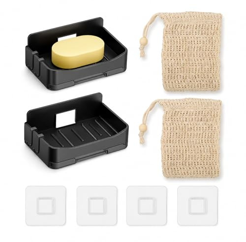 Xiciki 2 Stück Seifenschale Ohne Bohren mit 2 Stück seifenbeutel,seifenablage dusche wandmontage, seifenschale schwarz mit seifensäckchen für feste seife, Wandmontage Seifenhalter Dusche & Waschbecken