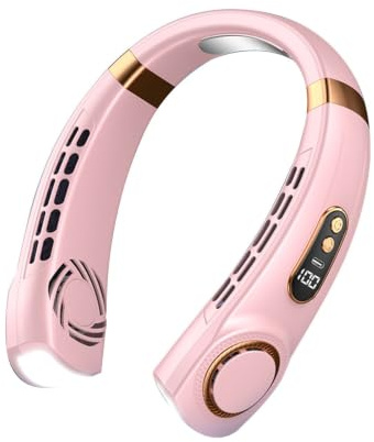 Nackenventilator, 5 Geschwindigkeiten, wiederaufladbar und leise, tragbarer Ventilator mit Display und LED-Licht in 7 Farben um den Hals, für Sommer, Reisen, Auto, Camping, , Schlafzimmer (Rosa)
