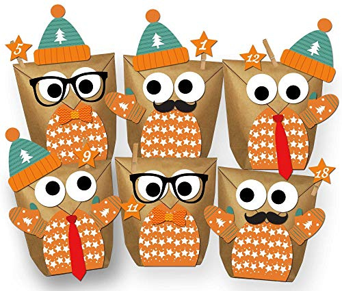 Paul´s Papierfabrik Set 24 Eulen Adventskalender Weihnachten 2024 - Alle Teile vorgestanzt! Geschenktüten Geschenkpapier zum selber Befüllen - DIY zum Basteln ohne Schere - 100% recyclebar!