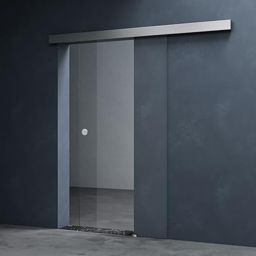 Mai & Mai Glasschiebetür komplettset 77,5x205cm Klarglas | Zimmertür, Griffart: Muschelgriff, 15 mm Wandabstand, 8mm ESG-Sicherheitsglas Amalfi