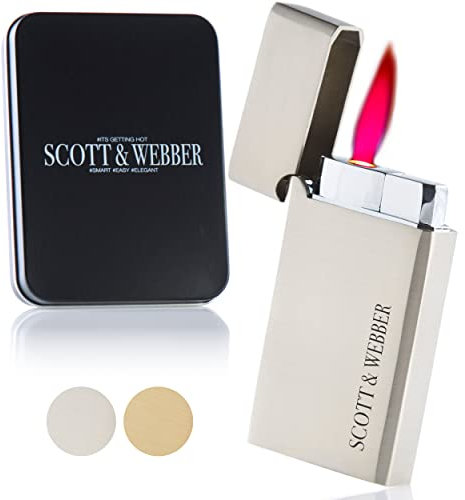 Scott & Webber® - Sturmfeuerzeug mit Jetflamme - Nachfüllbares Feuerzeug aus Metall einstellbar bis 1300°C - Inkl. edler Metallbox (Silber Square)