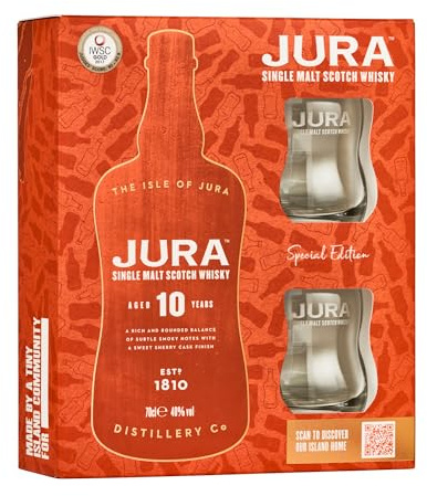 JURA - 10 Ans - Coffret Cadeau 2 Verres - Whisky Single Malt - Notes de Chocolat Noir et Fruits - Origine : Écosse, Jura - 40 pour cent Alcool - 70 CL