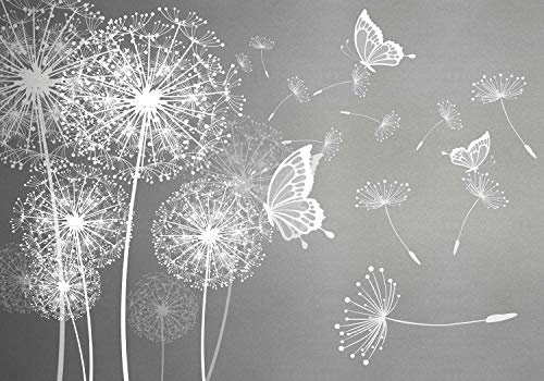 wandmotiv24 Fototapete Pusteblumen mit Schmetterlingen, L 300 x 210 cm - 6 Teile, Wanddeko, Wandbild, Wandtapete, Abstrakt Grau M6119
