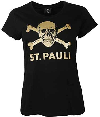 FC St. Pauli T-Shirt Oberteil Shirt Kurzarm Totenkopf Aufdruck Gold Damen Frauen Schwarz