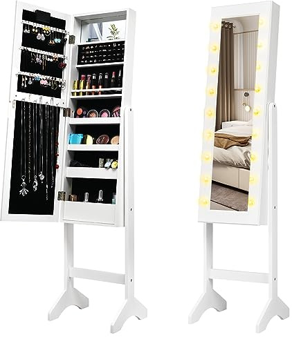 GOPLUS Smyckesskåp med LED-belysning, smyckeshylla med helkroppsspegel och inbyggd spegel, fristående spegelskåp, med förvaringsutrymme för smycken och kosmetika (vit)