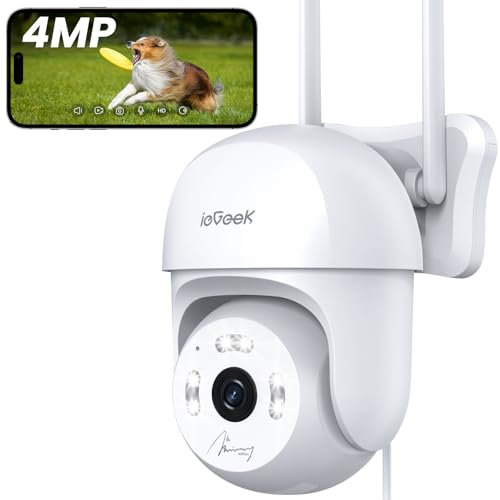 ieGeek 4MP Telecamera Wi-Fi Esterno, 360° PTZ Videocamera Sorveglianza, Visione Notturna a Colori, Rilevamento Umano e Allarme Sonoro e Luminoso, Tracciamento Intelligente, Alexa