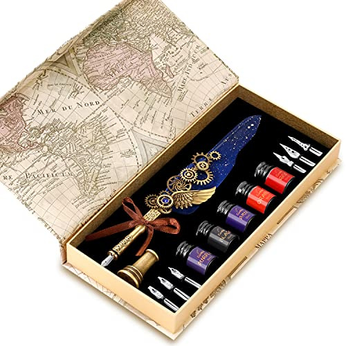 CunMei Vintage Punk Quill Pen Ink Set-Mechanical Quill Pen,5 Color Ink Calligraphy Pen Ink Set,6 Replaceable Dip Pen Nibs-Basic Calligraphy Kit-for Beginners and Calligraphy Lovers (Blue)