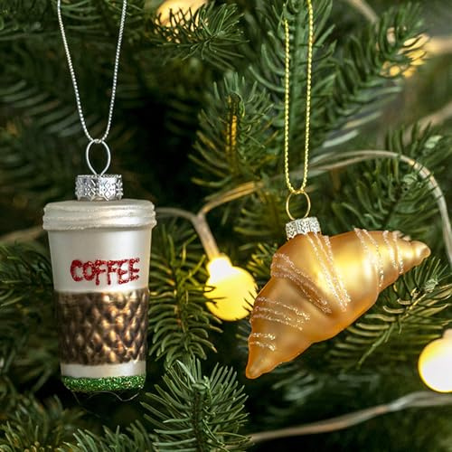 Amanman Glas-Weihnachtsschmuck 2022, 2 Stück, Croissant und Kaffeegeblasenes Glas, Weihnachtsbaumschmuck