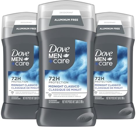 Dove Men+Care Lot de 3 déodorants en bâton pour homme Midnight Classic, sans aluminium, protection contre les odeurs, 72 heures avec huiles essentielles et crème hydratante 1/4, 85 g