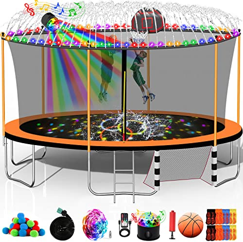 Yoluckea 10 12 14 16ft Trampoline with Sprinkler, Basketball, Lights, Water Ball, Socks, 1500LBS Outdoor Trampoline for Kids and Adults, 16 FT Trampoline Orange