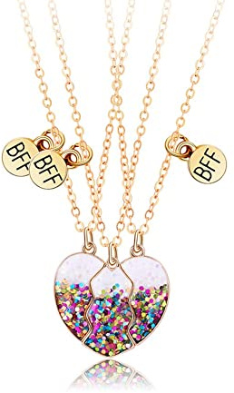Saalort Best Friend Necklaces for 3 Matching Heart Pendant Magnetic Bff Friendship Necklace (Gold Sequin)