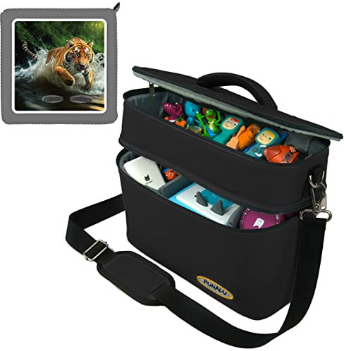 PUNALU große Tasche für Toniebox inkl. Schutzfolie passend für Toniebox, Platz für 68 Tonies, Set Toniebox Tasche + Toniebox Aufkleber (Tiger schwarz)