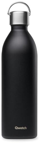 Qwetch - Bouteille Isotherme Active Noir 1L - Gourde avec Anse Inox Recyclé - 24h Froid et 12h Chaud - Etanche & Compacte