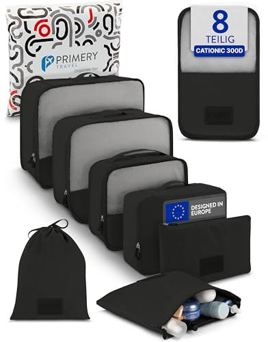 PRIMERY 8-teilige Packing Cubes Koffer Organizer (schwarz) - Packwürfel & Packtaschen für Urlaub & Reisen - Koffertaschen für Kleidung, Schuhe, Unterwäsche - Suitcase Reise & Travel Kleidertaschen