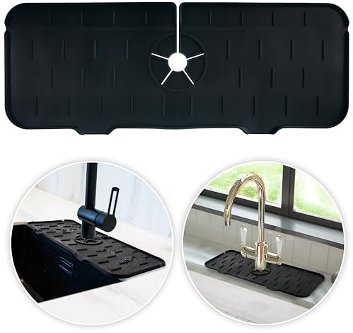 Granny´s Kitchen Silikon Abtropfmatte Wasserhahn - [37 x 14 cm ] - verstellbares Loch für Armatur - Spritzschutz für Waschbecken - Wasserhahnmatte in Schwarz