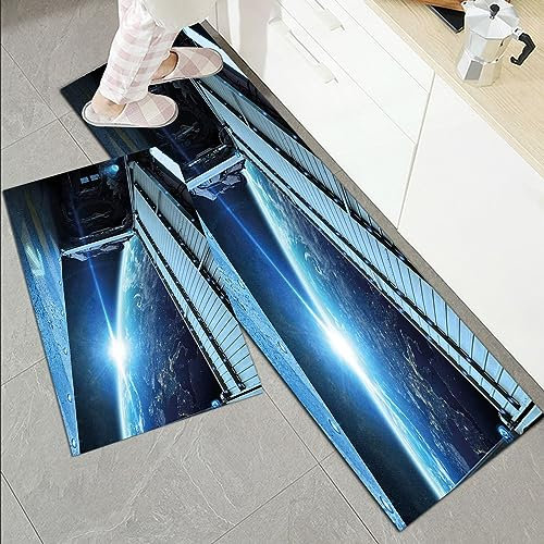 Küchenläufer Küchenmatte 2 Stück 45x70cm+45x120cm,Weltraum, Interstellare Luftschleuse Landebahn Tor Reise zu Sternen In,Rutschfest Pflegeleicht, Anti-Müdigkeit Küchenteppich Teppich Läufer für Küche