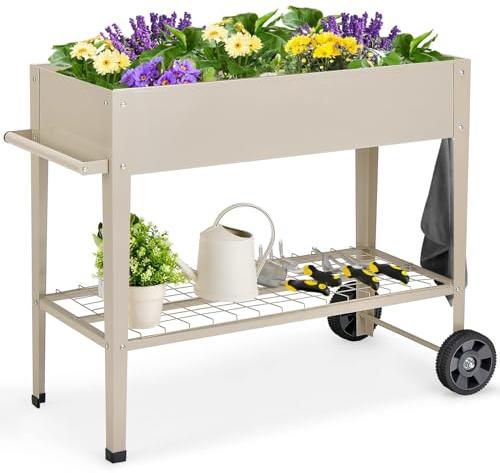 RELAX4LIFE Fioriera da Esterno, Orto Rialzato da Esterno Mobile con Ripiano Ganci Gambe Metalliche Foro di Drenaggio e Impugnatura, Fioriera con Ruote da Giardino Balcone Terrazza (Bianco)