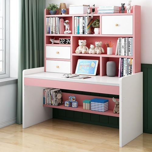 FAANAS Computertisch mit 2 Schubladen und Bücherregal, Höhenverstellbar Schreibtisch Bürotisch Teenager kompakter Schreibtisch & Arbeitsplätz für Mädchen Junge(120cm, Pink)