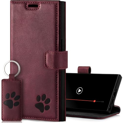 SURAZO Premium Handyhülle für Samsung Galaxy S24 Ultra 5G – Echtleder Schutzhülle mit Pfote Motiv – RFID Klapphülle [Magnet, Standfunktion, Kartenfach] Flip Cover Hülle Leder Case Lederhülle (Burgund)