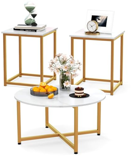 COSTWAY Coffee Table Set of 3, Round Faux Marble Coffee Table and 2 Square End Side Tables with Metal Frame, Modern 3-Piece Living Room Tables Set for Small Space, Apartment (White & Gold)