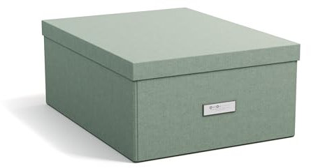 BIGSO BOX OF SWEDEN Katrin, grande contenitore con coperchio, robusto organizer in fibra e carta effetto lino, pratica scatola pieghevole con cornice per etichette, verde menta