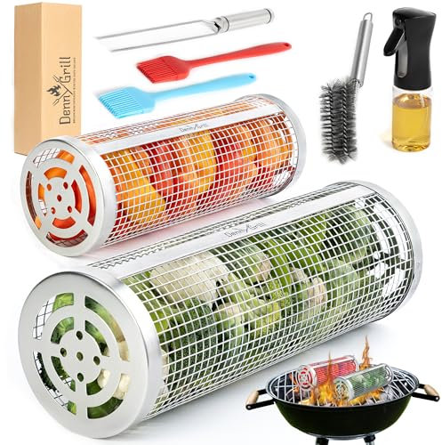 Denny Grill Körbe für den Außenbereich (2 Stück, 2024 Upgraded) – Roll-Grill, 360 Zylinder-Zubehör zum Kochen von Gemüse, Fisch, Fleisch, BBQ Outdoor – 304 Edelstahlkorb, cooles Geschenk für Männer
