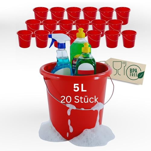 Novaliv 20 Stück Eimer 5L Rot mit Maßeinteilung - Putzeimer 5 Liter ? 22,5 cm Praktischer Allrounder mit Skala für Haushalt & Garten ideal als Haushaltseimer, Wassereimer, Wischeimer, Bucket