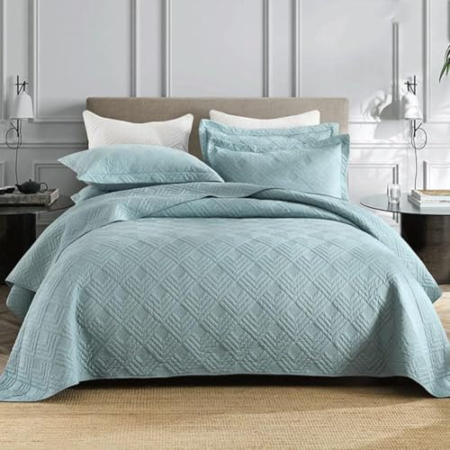 LYXLBX Gesteppte Tagesdecke Überwurf Sommer Patchwork Quilt Bettwäsche 3-TLG, Tages Decken Betthusse,Weich & Komfort Gesteppte Decke Für Doppelbett Mit 2 Kissenbezügen,Blau-250x270cm
